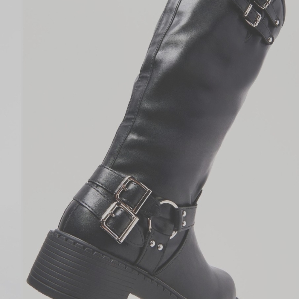 Fashion Nova Black Moto Boots with Buckle Detail